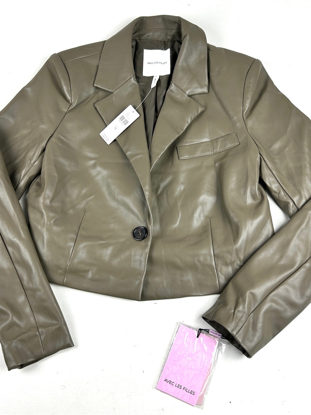 Avec Les Filles Faux Leather Collared Button Jacket Cropped XS Moss Green